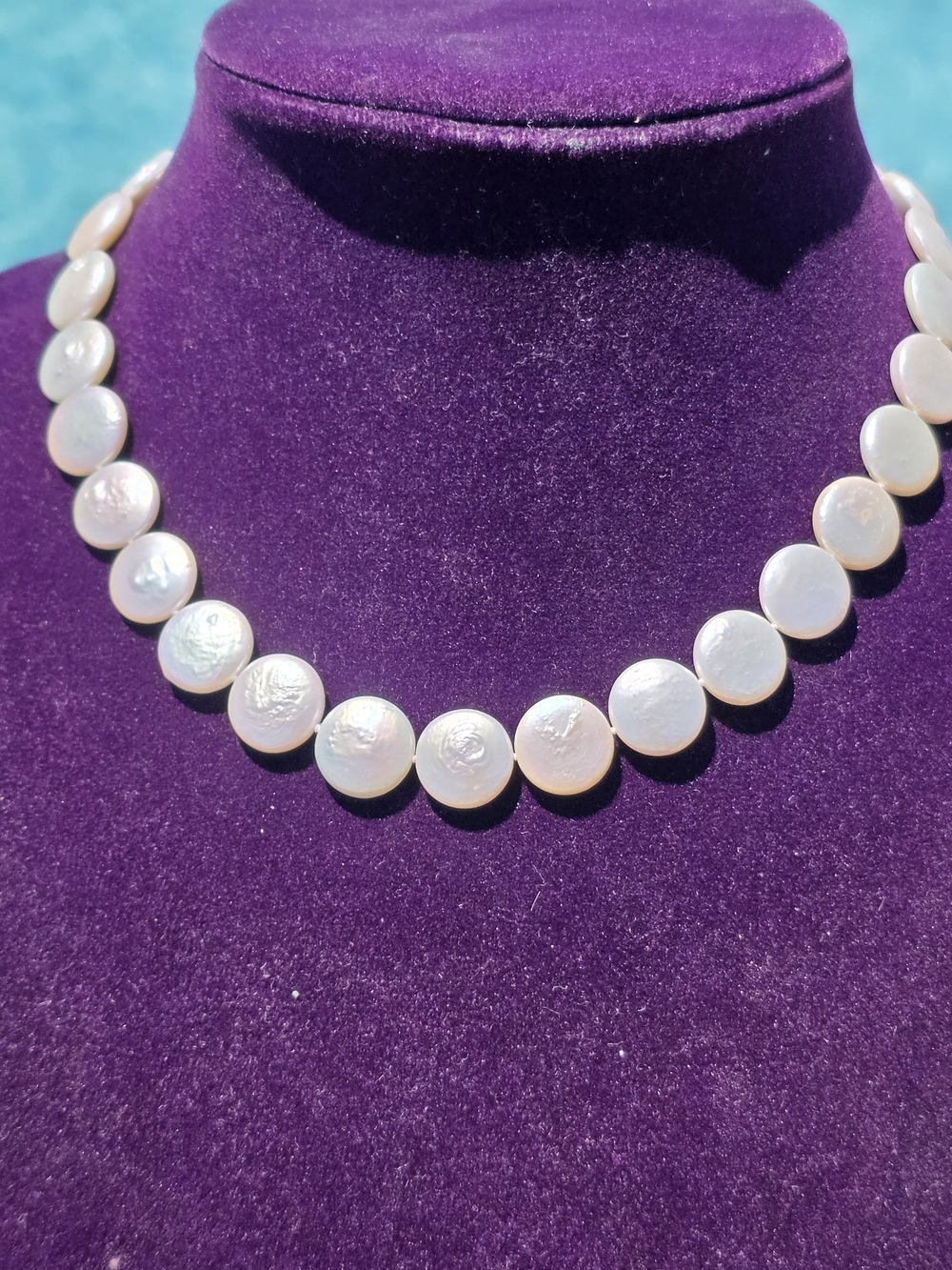 Freshwater Coin Pearl Necklace White Iridescent Pearls Classic Bridal Statement